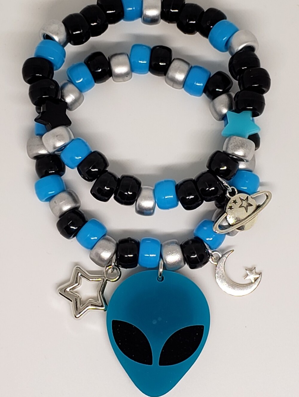 Handmade Blue Black Silver Alien Planet Star Beaded Stackable Kandi Bracelets